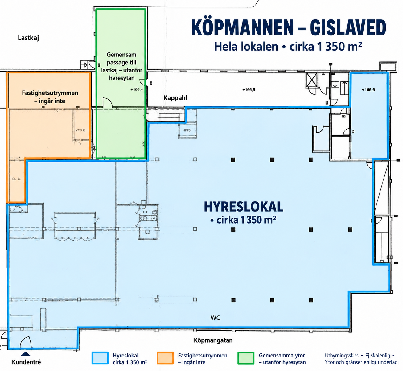 Köpmannen – färgkodad uthyrningsskiss Butikslokal 1 350 m² i centrala Gislaved – för stormarknad, outlet eller utförsäljning